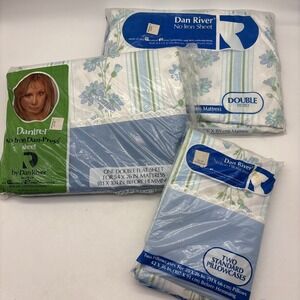 Vtg Dan River Dantrel No Iron Double Sheet Set White Blue Floral NOS